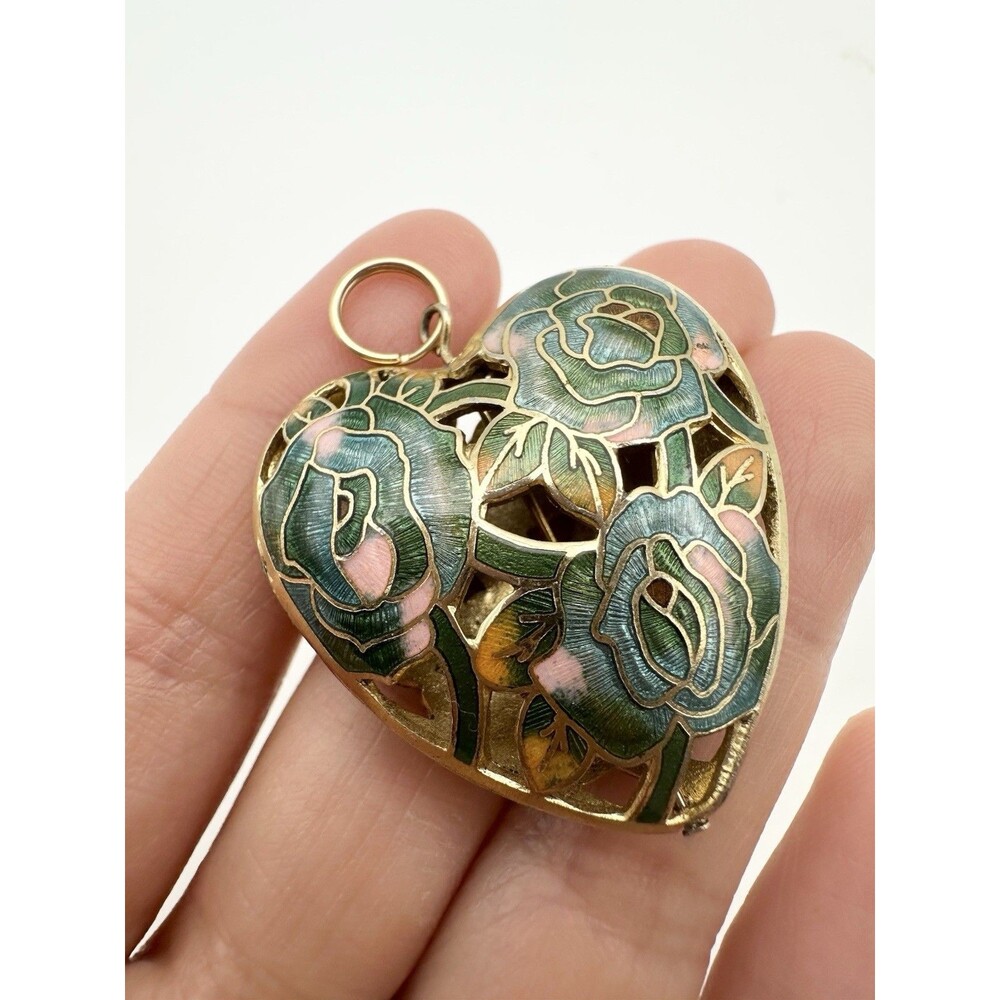 Vintage Flower Cloisonné Hollow Puff Heart Pendant Large
